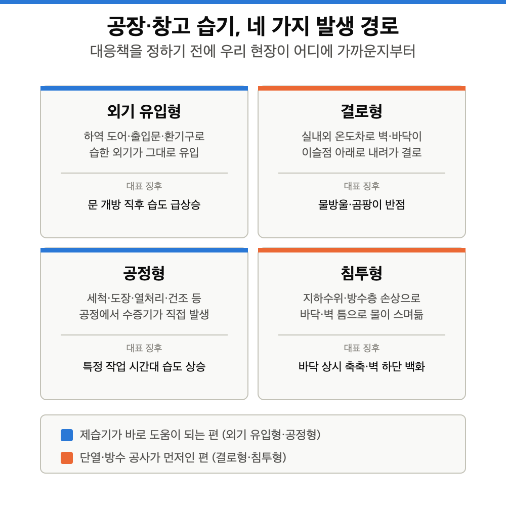 공장 습기 발생 경로 4가지(외기 유입형·결로형·공정형·침투형)를 화살표로 구분한 분류 인포그래픽