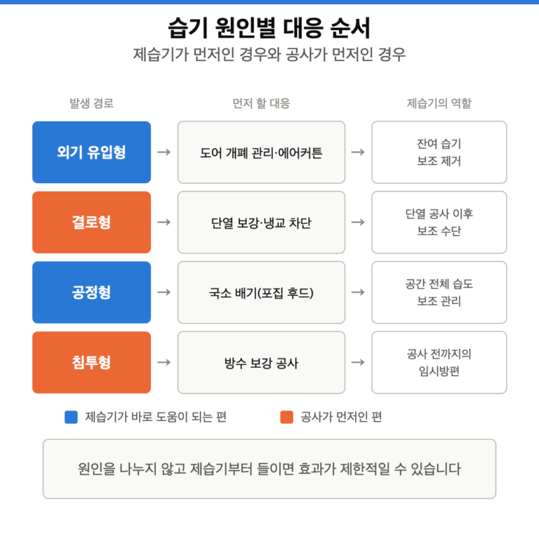 발생 경로별로 제습기 우선 대응 vs 환기·단열·방수 우선 대응을 가르는 의사결정 흐름도